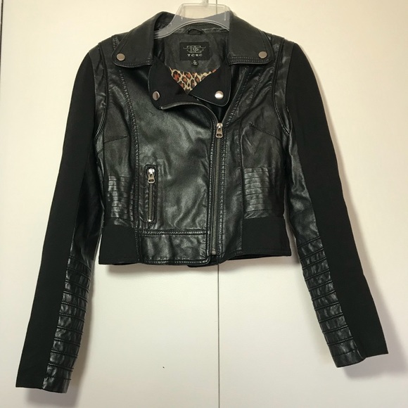 TCEC Jackets & Blazers - TCEC Faux Leather Moto Jacket W/Cheetah Lining